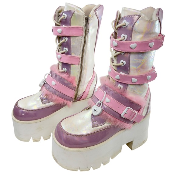 demonia Shoes - Demonia Ashes-120‎ holographic patent chunky platform boots women size 8 Pink